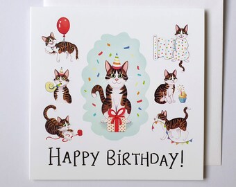 May include: A birthday card featuring a cartoon cat wearing a party hat and holding a gift. The card has a blue background with confetti and the text "Happy Birthday!"