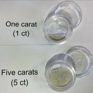 May include: Two clear plastic containers with lids, one containing a small amount of white sand labeled "One carat (1 ct)" and the other containing a larger amount of white sand labeled "Five carats (5 ct)".