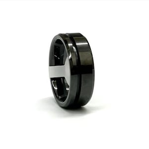Offset-channel black ceramic blank for inlay, 8mm wide ring with 1.5mm wide channel, Ring making supplies, Inlay ring core for ring making,