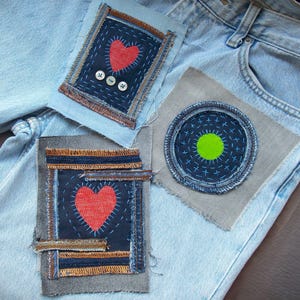 Hand-Stitched Boro Denim Patch: Upcycled Denim, Sashiko Appliqué, Boho Visible Mending