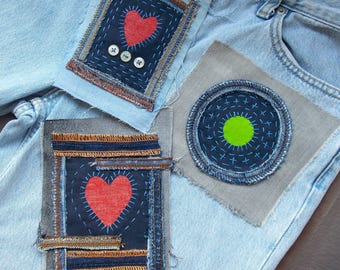 Boro Sew On Denim Patches, Hand Stitched Visible Mending Patches, Boho Jean Repair Patch, Handmade Denim Applique, Slow Fashion Decor
