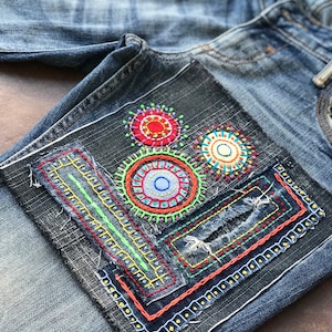 Boho Hand embroidered denim iron-on patch for visible mending or textile art, boho embellishment; Colorful Boro applique for patched jeans