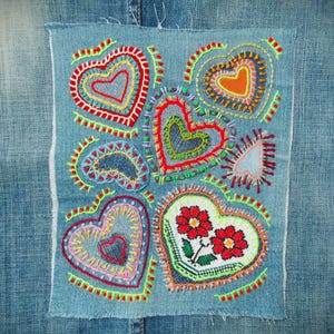 Hippie Hearts appliques Boho Sew-on denim patch for visible mending Hand stitched Boro patch Upcycled denim Sashiko patchwork Embellishment