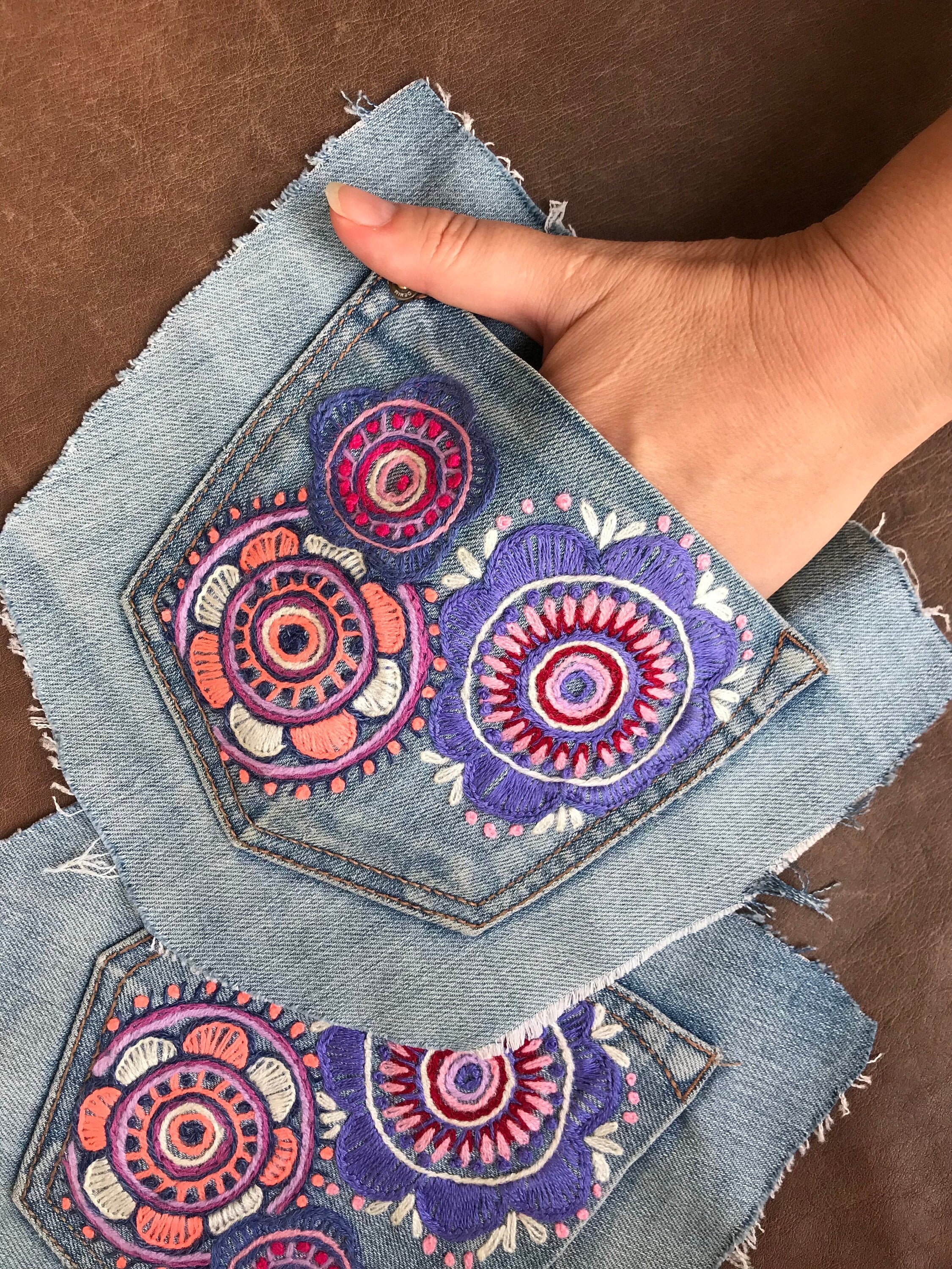 Hand Embroidered Upcycled Denim Jeans Pocket; Boro Wabi Sabi
