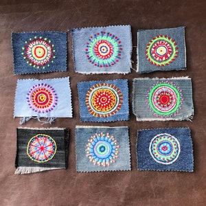 Small hand embroidered denim patches for visible mending; Colorful mandala applique; Boho patches to repair or decorate clothing; 2,5"x3,5"