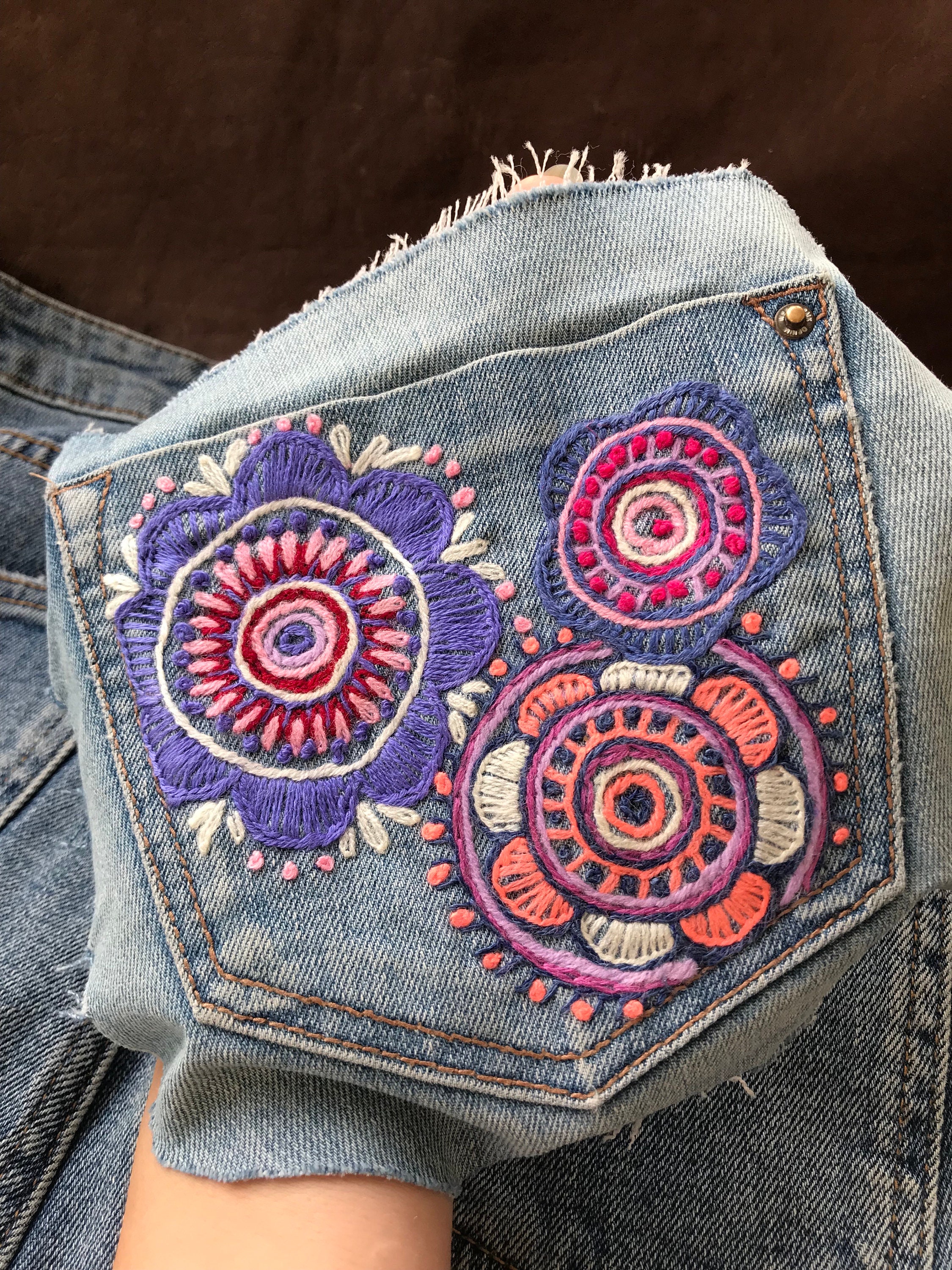 Hand Embroidered Upcycled Denim Jeans Pocket; Boro Wabi Sabi