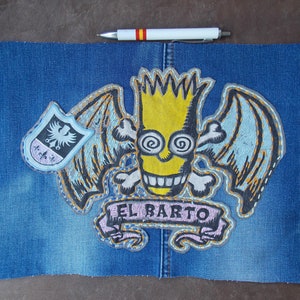 Sashiko Denim Patch: El Barto Applique, Hand-Stitched Boro Embellishment