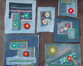 Wabi Sabi Boro Inspired Slow stitch Sew-on denim patches, Clothing repair, Visible mending, Boho embellishment, Decorative mending patch