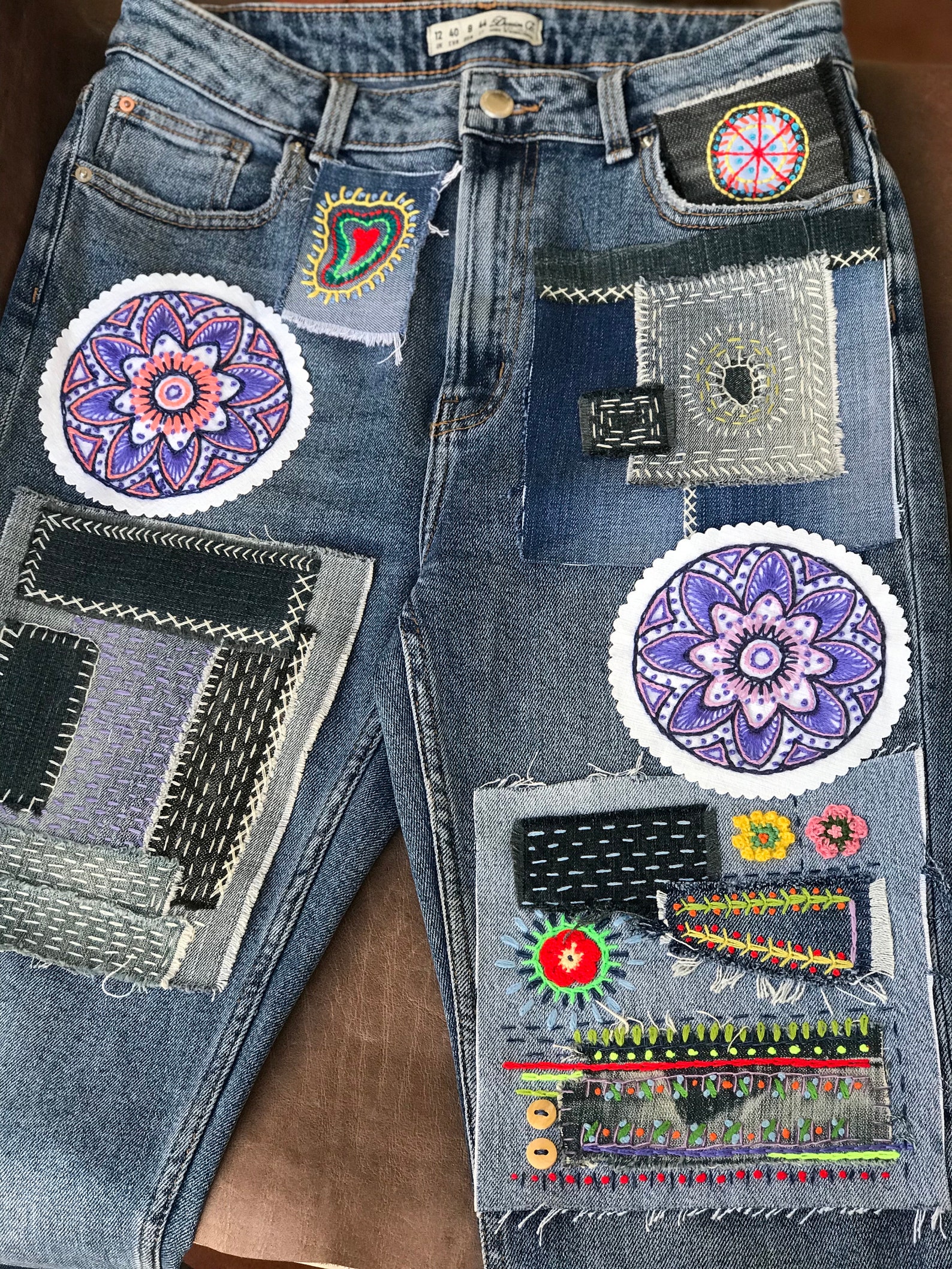 Floral Hand Embroidered Mandala Denim Sew-on Patches Boho - Etsy