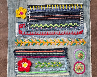 Hand-Stitched & Embroidered Denim Patch: Boho Visible Mending Applique, Statement Iron-on Patch (7x7")