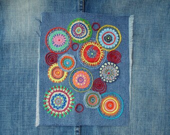 Large Hand stitched & embroidered denim patch for jeans Visible mending, Boho Embellishment; Boro Sew-on applique with unfinished edges