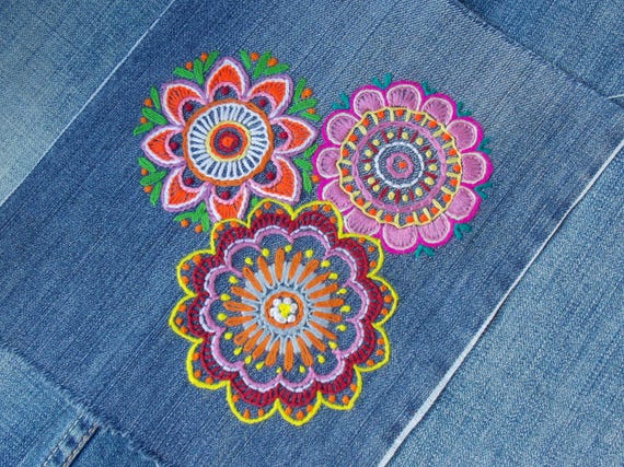 Hand Embroidered Floral Denim Patch: Colorful Boho Applique