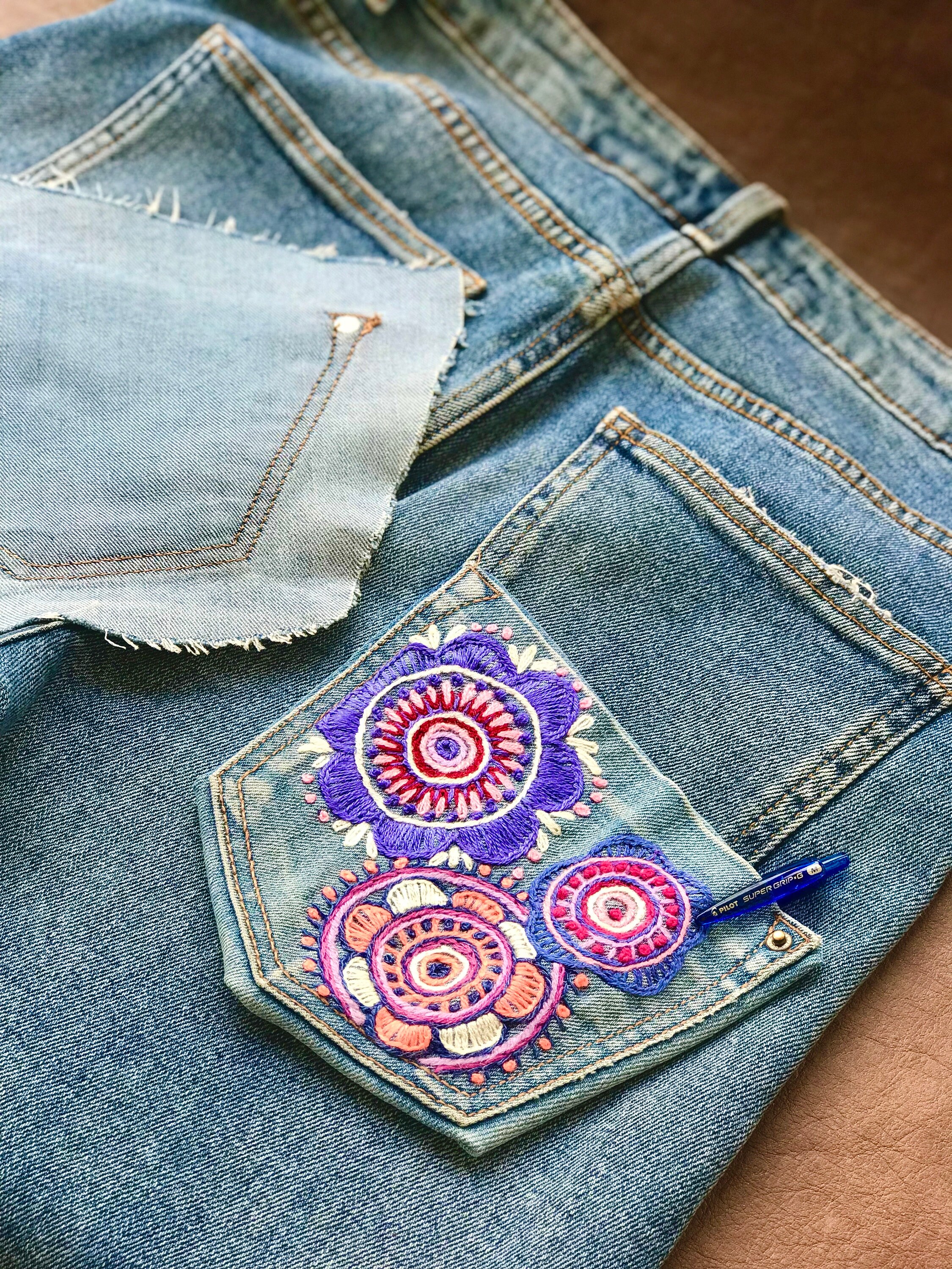 Hand Embroidered Upcycled Denim Jeans Pocket; Boro Wabi Sabi