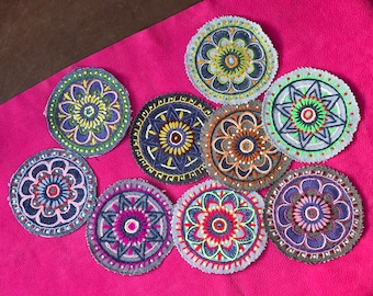 Colorful hand embroidered denim sew-on patches for visible mending; Floral applique; Boho patches to repair or decorate clothing; 10cm-4"