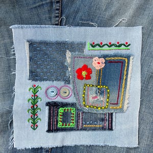 Colorful Boro Hand-Embroidered Denim Patch: Boho Visible Mending Applique