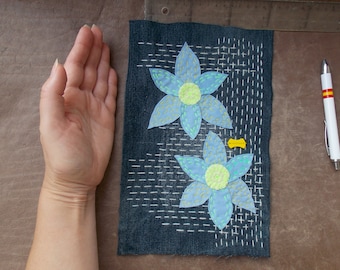 Hand Embroidered Denim Patch: Floral Boro Applique for Mending