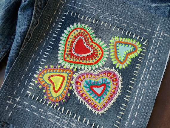 Boro Sashiko Inspired Hand Stitched Denim Patch for Visible Mending  Embellishment Colorful Boho Slow Stitch Applique Sashiko Patchwork 