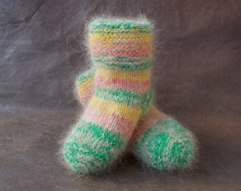 Warm fluffy woolen socks for 12-18 months kids made of Rough Collie organic wool; Hand knit winter socks; Handspun yarn /soft dogs undercoat