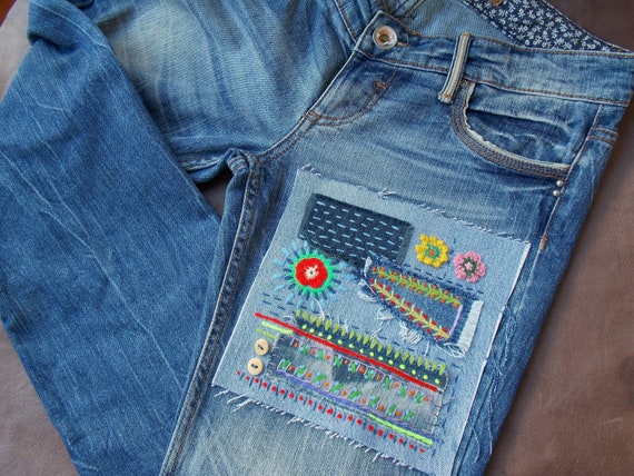 Colorful Boro Hand Embroidered Sew-on Denim Patch Wearable Art Patch  Sustainable Fashion Visible Mending Patched Jeans Boho Embellishment 