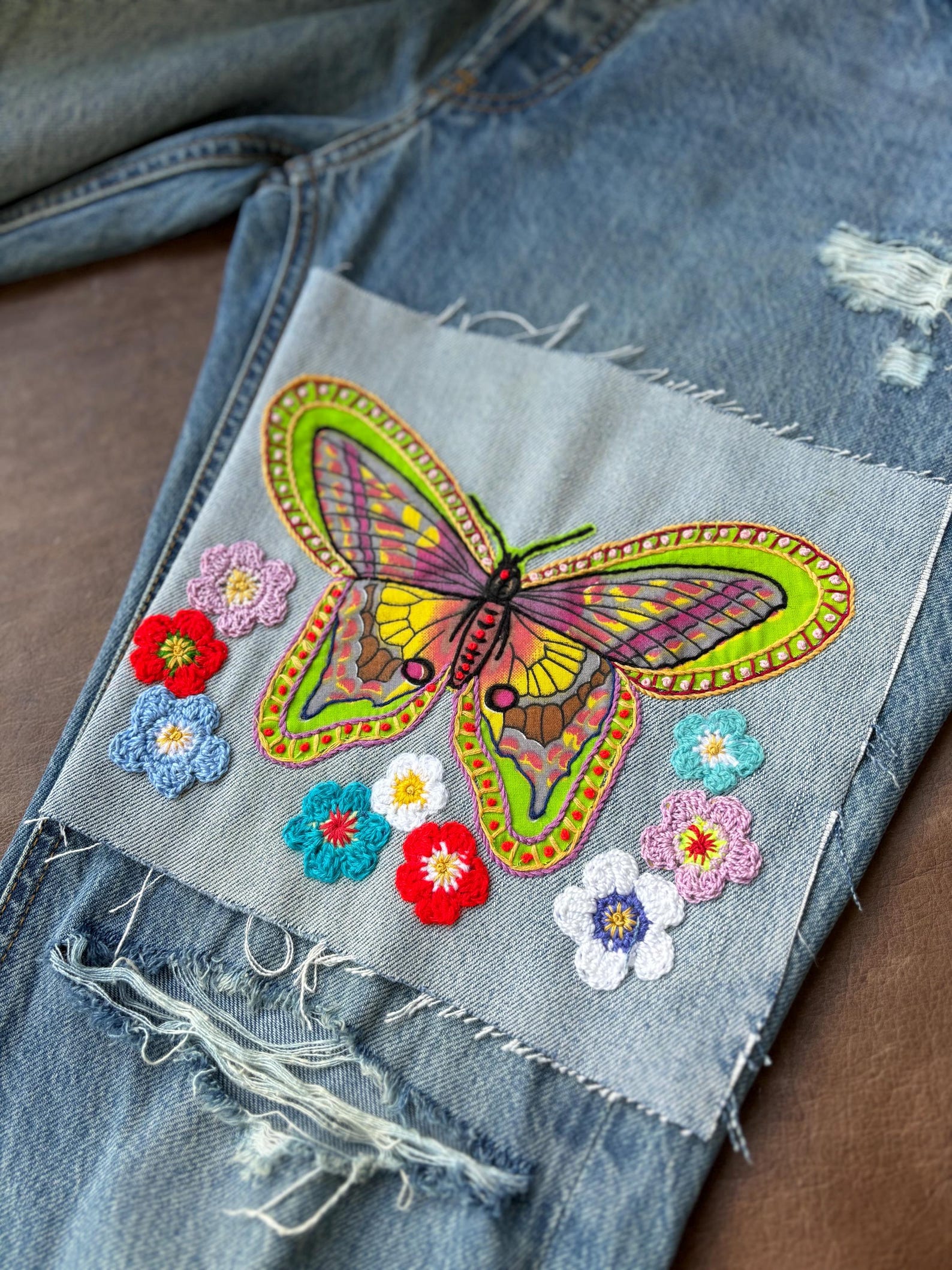 Butterfly, Large Iron-on Hand Embroidered Denim Patch for Visible ...