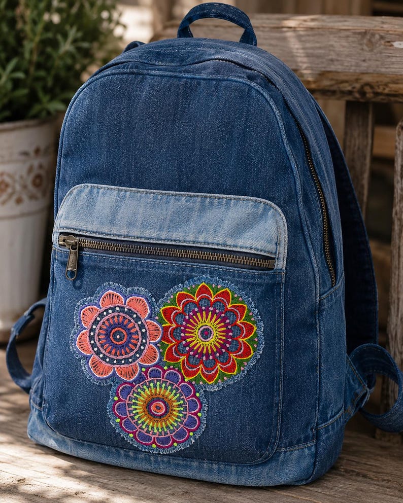 May include: A blue denim backpack featuring a front zippered pocket and three embroidered floral mandala patches in shades of pink, red, yellow, green, and purple. The backpack has a top handle, adjustable shoulder straps, and a brass-toned zipper.
