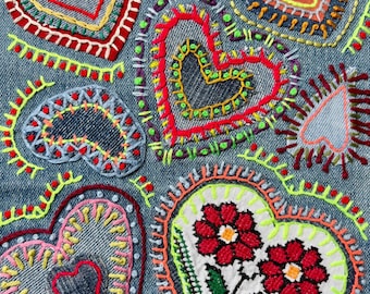 Boro inspired Upcycled Denim Sew-on patch for Visible Mending; Boho Statement Hand Embroidered Colorful Hippie Hearts Applique