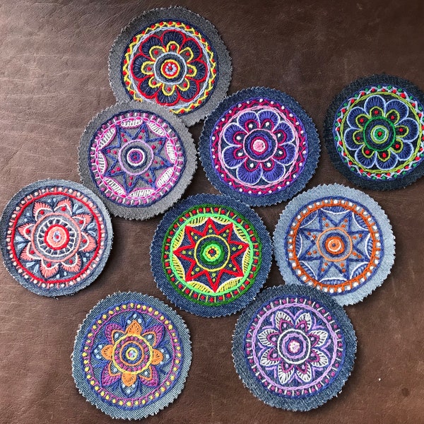 Hand embroidered sew-on denim patches for visible mending; Colorful floral applique; Boho patches to repair or decorate clothing; 9cm - 3,5"