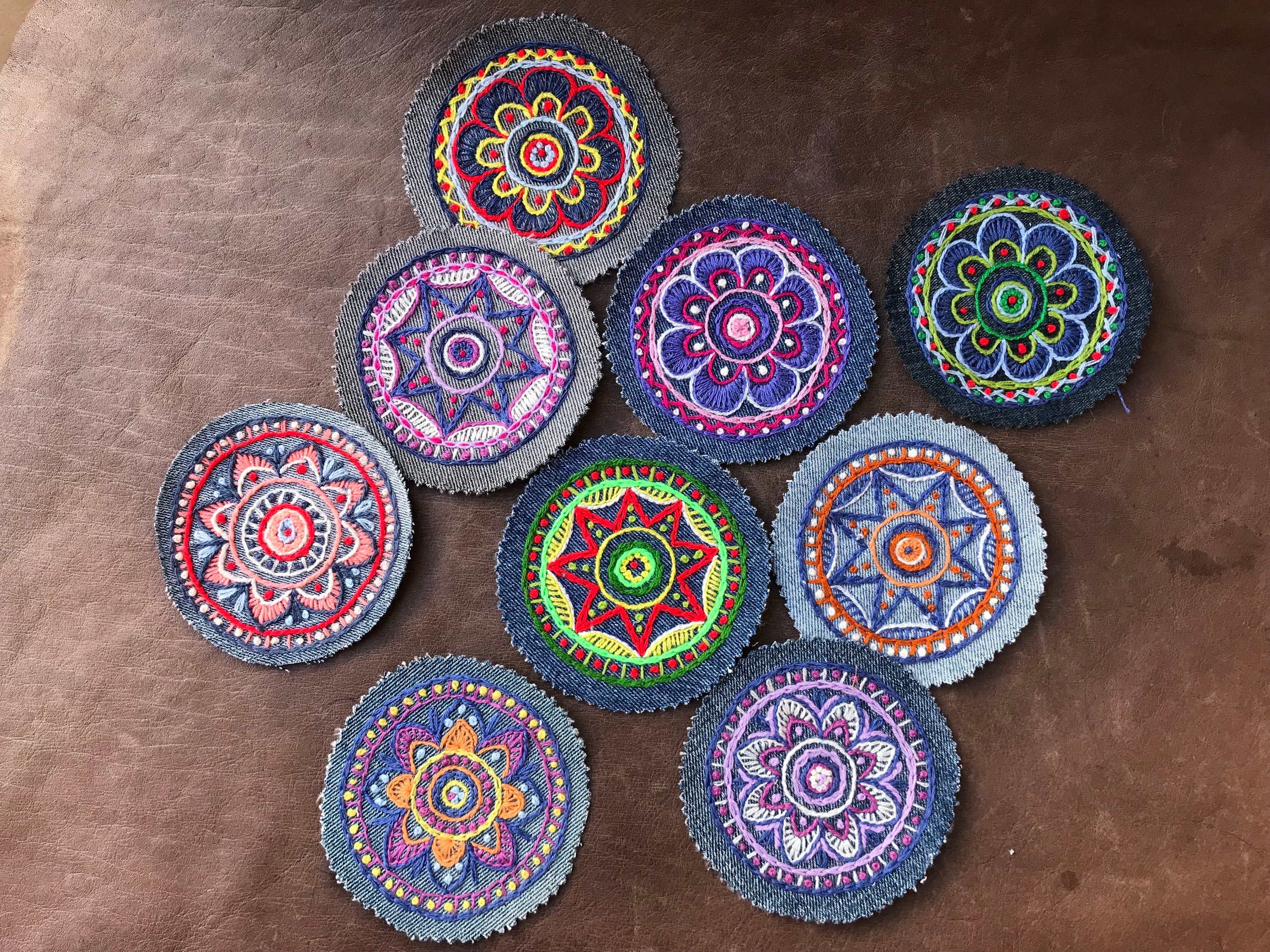 Hand embroidered iron-on denim patches for visible mending; Colorful floral applique; Boho patches to repair or decorate clothing 9cm - 3,5"