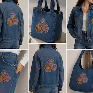 May include: A collection of blue denim apparel and accessories, including a jacket, jeans, a tote bag, and a hobo bag, each featuring a decorative patch of three colorful, circular, crocheted mandalas in shades of orange, purple, and pink.