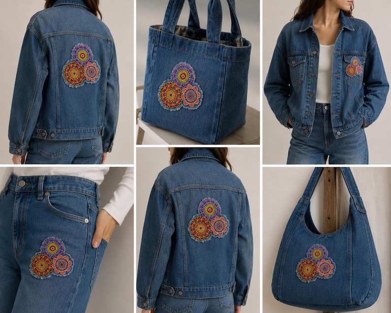 May include: A collection of blue denim apparel and accessories, including a jacket, jeans, a tote bag, and a hobo bag, each featuring a decorative patch of three colorful, circular, crocheted mandalas in shades of orange, purple, and pink.
