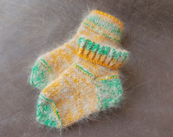 Warm fluffy woolen socks for 12-24 months kids made of Rough Collie organic wool; Hand knit winter socks; Handspun yarn /soft dogs undercoat