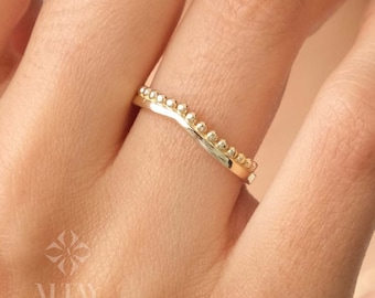 14K Gold Crown Ring, Crown Band Ring, Princess Crown Wedding Ring, Dainty Stacking Ring, Queen Beaded Ring, Vintage Stacking Band Ring