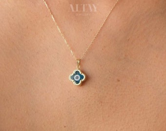 14K Gold Evil Eye Necklace, Clover Evil Eye Necklace, Evil Eye Charm Pendant, Hamsa Nazar Necklace, Lucky Clover Charm Necklace, Women