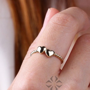 14K Solid Gold Heart  Ring, Double Heart Dainty Ring, Promise Ring, Valentine Twin Heart Rope Ring, Tiny Love Shape, Gift For Her, Real Gold
