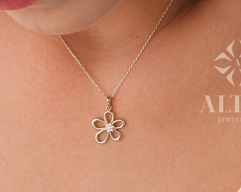 14K Gold Daisy Pendant, Gold Cz Diamond Flower Necklace, Charm Choker, Gift for Her, Daisy Charm, Dainty Everyday Daisy Jewelry