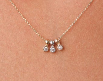 14K Gold Bezel Necklace, CZ Tri-Color Gold Charm, Natural Brilliant Cut Bezel Necklace, Dainty Gold Choker, Bridesmaid Gift, Christmas