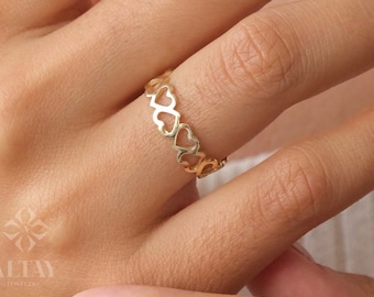 14K Gold Open Heart Ring, Multi Heart Love Ring, Half Eternity Heart Ring, Dainty Stacking Band Ring, Minimalist Unique Gold Ring