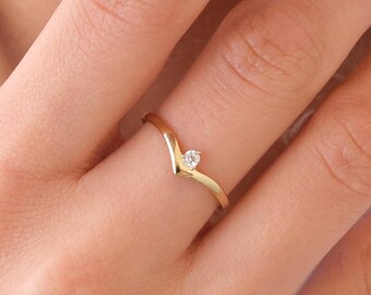 14K Gold Curved Solitaire Ring with CZ, Minimal Gold Solitaire Ring, Dainty CZ Ring, Simple Gold Ring, Everyday Gold Ring for Her