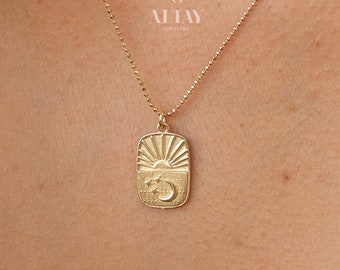 14K Gold Rectangle Sunshine Necklace, Sunbeam Necklace, Moon Stars Necklace, Sunburst Pendant, Gold Sun Solar Medallion Necklace, Birthday