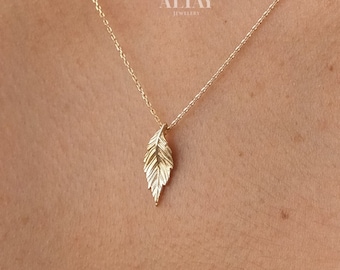 14K Gold Feather Necklace, Feather Charm Pendant, Dainty Layering Necklace, Minimal Feather Charm Choker, Leaf Necklace, Good Luck Necklace