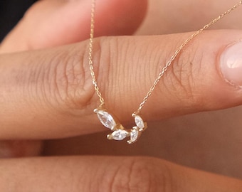 14K Gold Feather Necklace, Feather Charm Pendant, Cluster Stone Necklace, Minimal Feather Charm Choker, Leaf Necklace, Good Luck Necklace