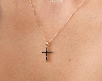 14K Gold Cross Necklace, Black Stone Crucifix Pendant Chain, Jesus Christ Religious Jewelry, Dainty Cross Charm, Christian Gift, Christmas