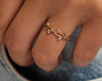 14K Gold Leaf Branch Ring, Gold Leaf Twig Ring, Gold Vine Ring, Layering Ring, Vine Ring, Laurel Ring, Nature Jewelry, Tree Ring, Gift