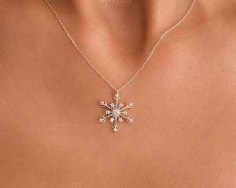 14K Snow Flake Necklace, Gold Snowflake Necklace, Customized Snowflake Necklace, Snow Delicate Dainty Necklace, Winter Necklace
