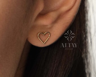 14K Gold Heart Stud Earrings, Open Heart Earrings, Mini Love Earrings Stacking Gold Earrings, Gifts for Daughter, Valentine's Gift for Her
