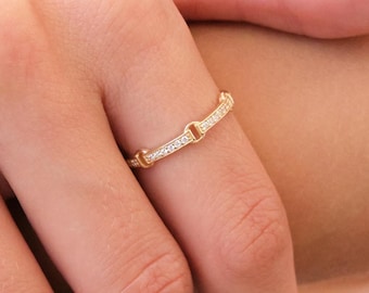14K Gold Pave Bar Ring with CZ, Dainty Gold Bar Ring, Minimal Gold Ring, Everyday CZ Ring, Simple Gold Ring for Her