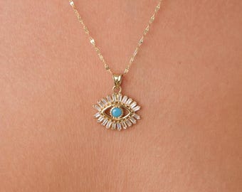 14K Gold Baguette Evil Eye Necklace, Sequin Chain Turquoise Pendant, CZ Evil Eye Necklace, Dainty Protection Necklace, Minimal Gold Jewelry