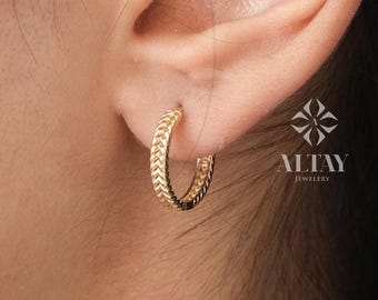 14K Gold Braided Hoop Earrings, Small Leaf Huggies, Rope Leaf Huggies Earrings, Gold Tiny Hoop Earrings, Huggies Hoop, Dainty Hoop Earrings