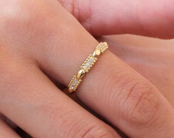 14K Gold CZ Bar Ring, Dainty Bar Station Ring, Minimal Pavé Gold Ring, Thin Everyday Gold Ring, Stacking Ring Gift for Her