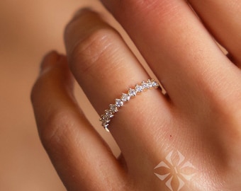 14K Gold Half Eternity Ring, Minimalist Marriage Ring, Multi Stone Bridal Band, Prong Setting Promise Ring, Dainty Stacking Gold Ring